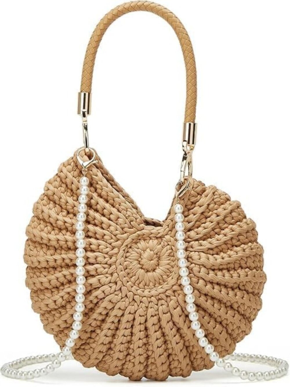 Boho Handmade Crochet Seashell Purse - Chic Shell Bag with Pearl Strap for Women